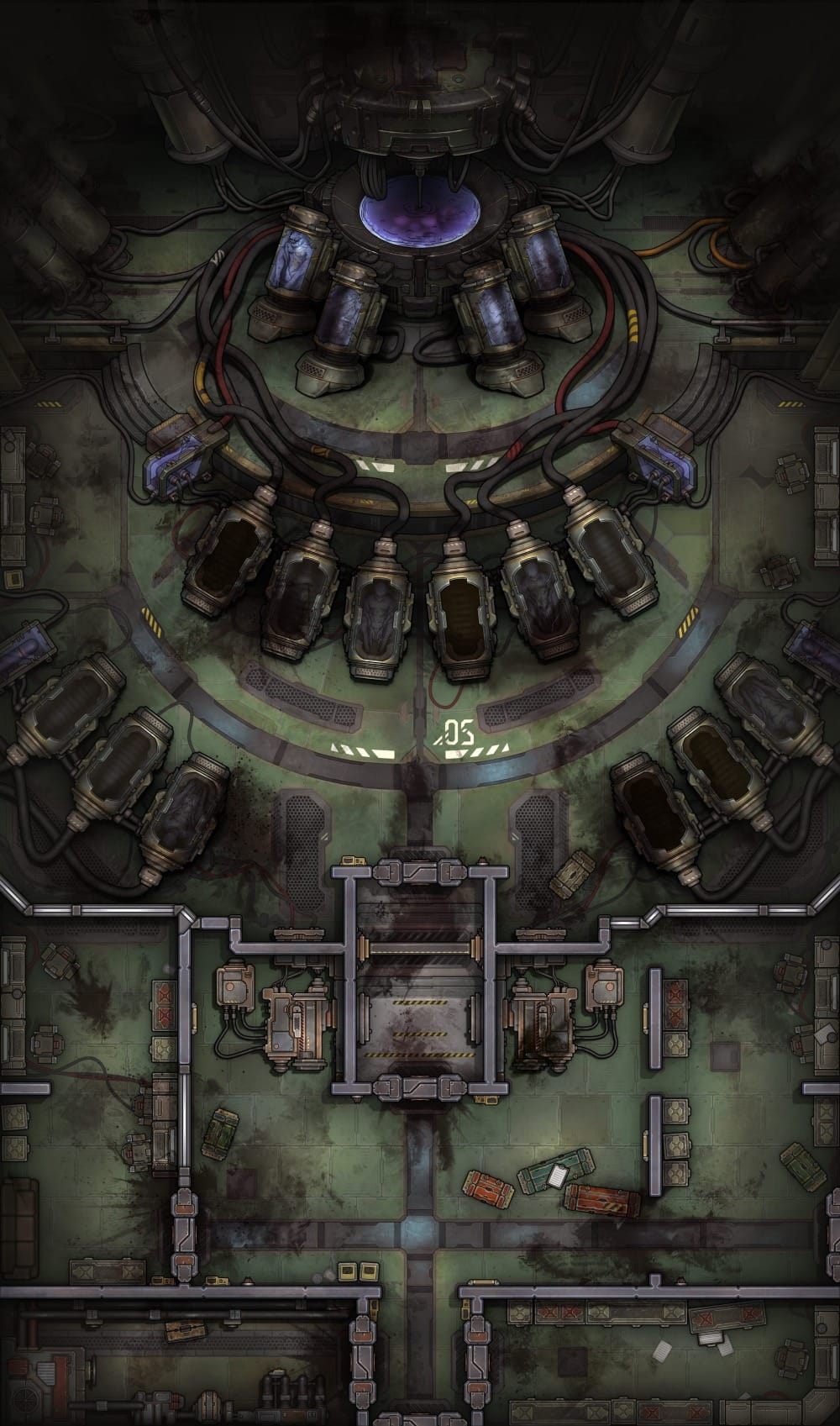 Top-down battlemap of a dark, abandoned sci-fi laboratory. Empty cloning pods ring a circular room, most broken open or empty, though several remain sealed. Thick cables connect the pods to heavy machinery at the center, while adjoining rooms contain scattered equipment, debris, and scorch marks.
