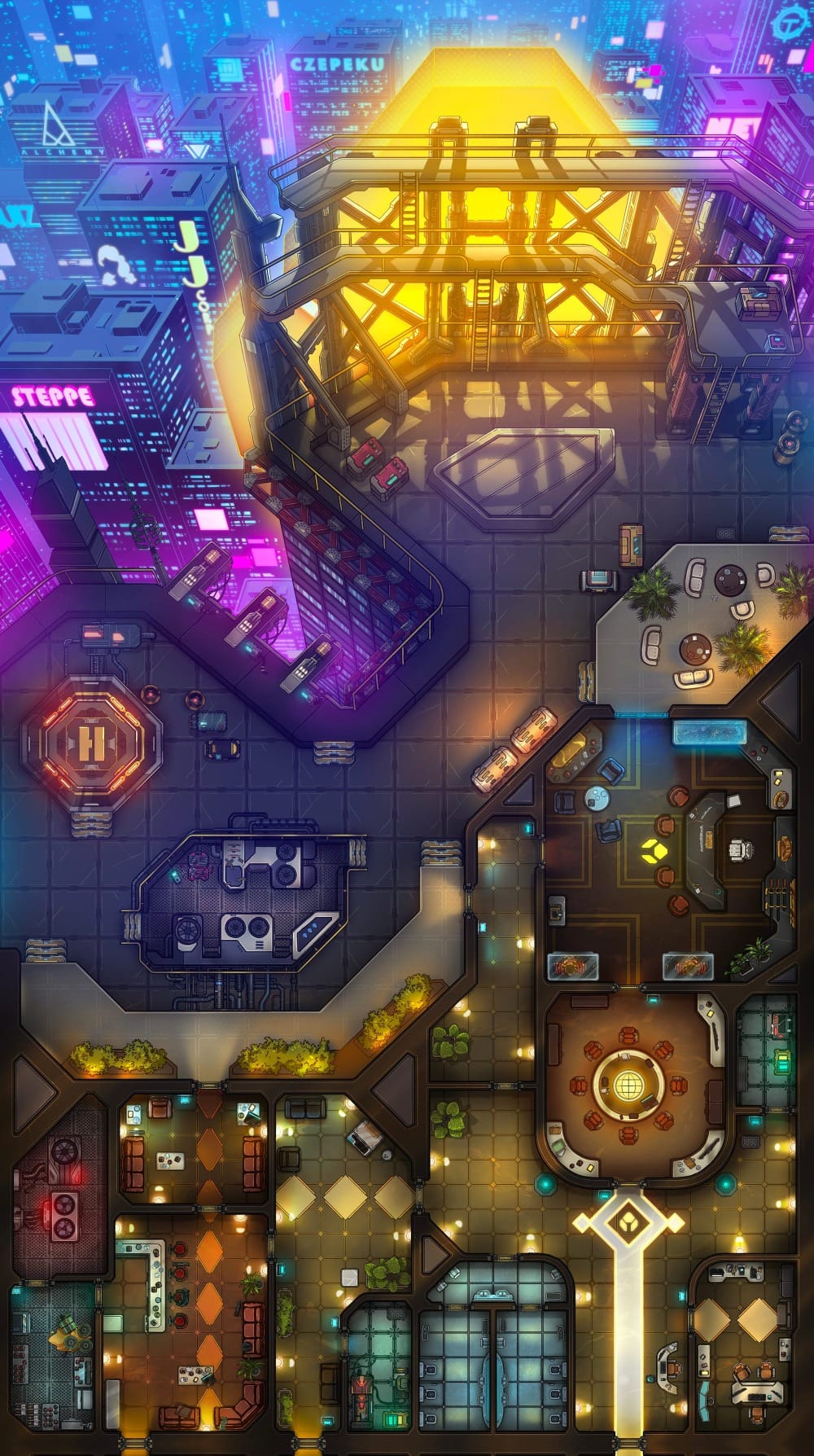 Top-down battlemap depicting the interior of a luxurious corporate tower containing several polished offices and lounges. A dense, brightly illuminated industrial cityscape can be seen from the rooftop in the background.