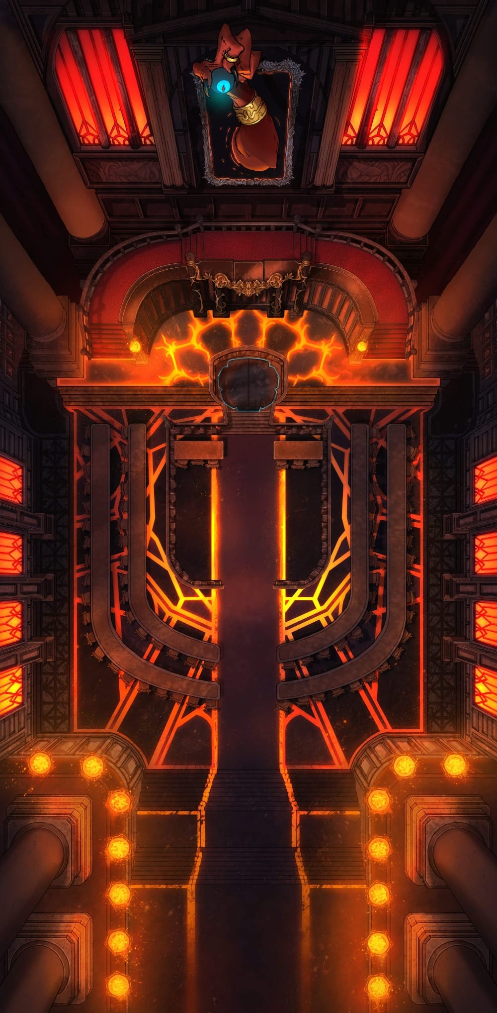 Top-down battlemap of a huge, regal orange courtroom lit by rows of torches. At the front, the judge’s podium sits above a fissure of glowing magma, with glowing lines running through the floor like circuitry. Outside the window, hellfire blazes. Above the court, a devilish hand protrudes from a painting, holding a blue eyeball that looks down over the room.