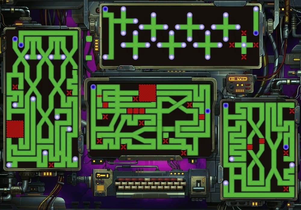 Battlemap depicting glowing virtual mazes displayed across large computer screens, viewed from directly in front of the monitors. Bright green pathways wind through black backgrounds, marked with red cross barriers and blue nodes. In the background, bundles of wires and circuitry crowd the machinery.