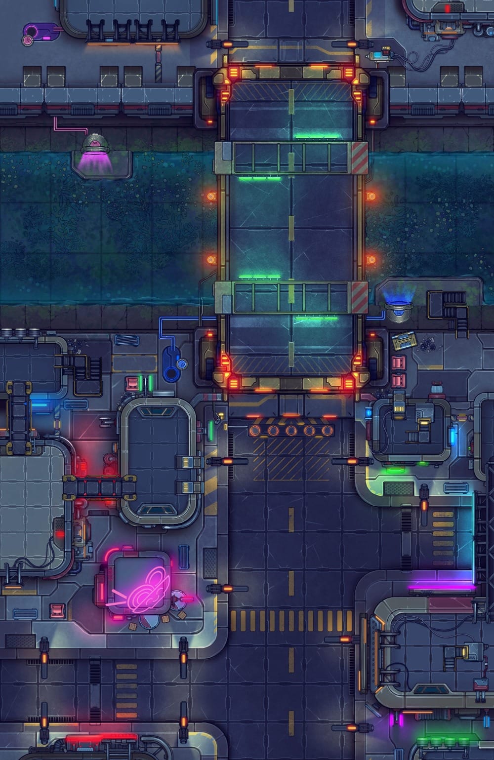 Top-down battlemap of a futuristic bridge crossing over a dark waterway, between two cyberpunk city streets. The bridge is illuminated with green lights, while neon signs, road markings, and industrial buildings line either side.