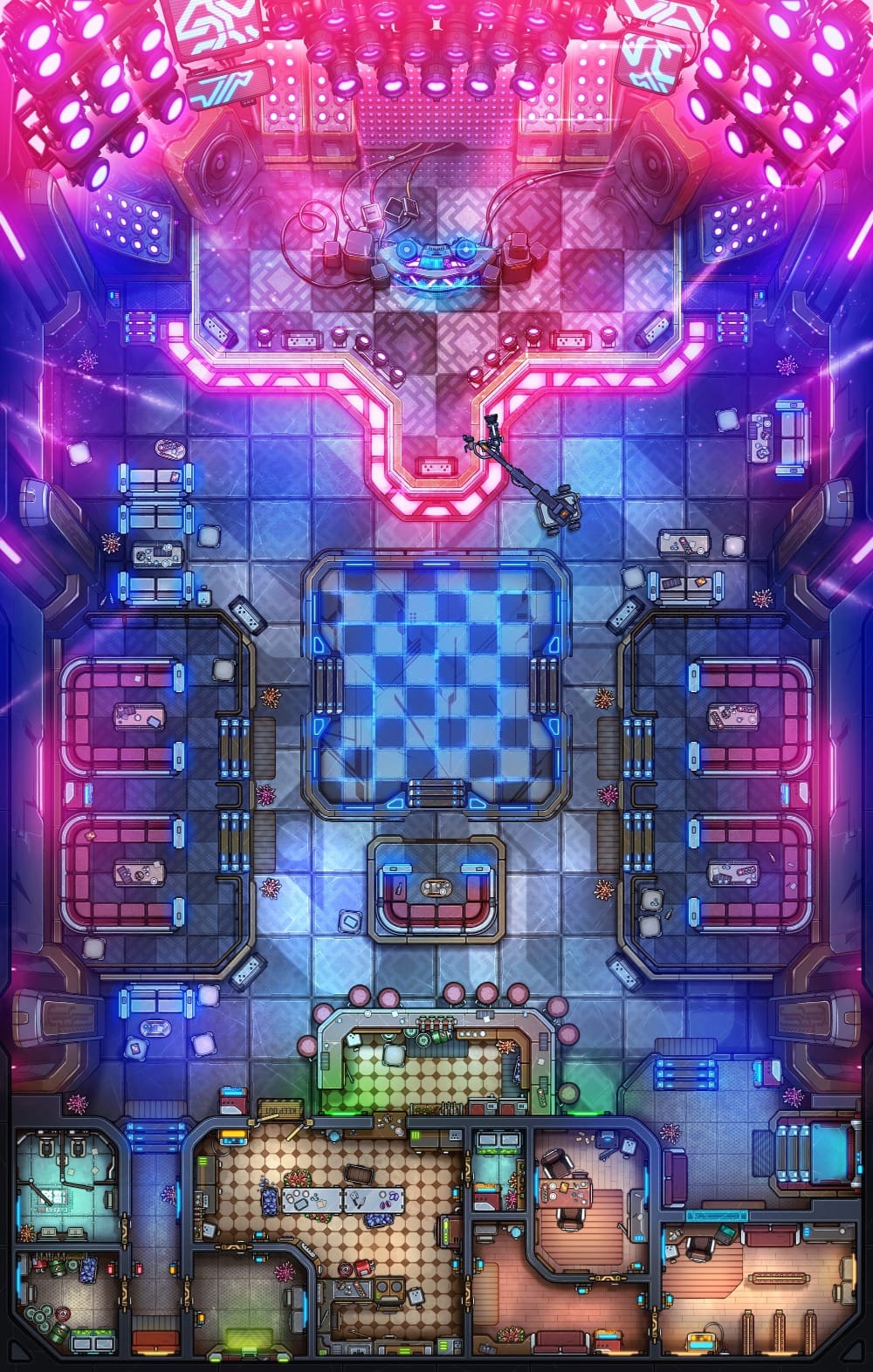 Top-down battlemap of a vibrant futuristic nightclub illuminated by intense neon pink lighting and blue floor lighting. A large dance floor and glowing stage sit at the forefront of the club, surrounded by lounge seating, a bar, and smaller private rooms.