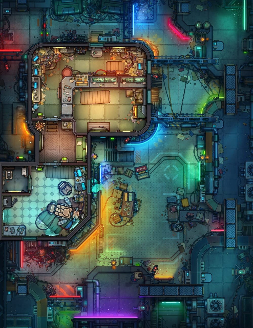 Top-down battlemap of a cluttered cyberpunk electronics shop surrounded by brightly-lit, neon streets. The interior is packed with computer terminals and workbenches, as well as scattered electronic parts.