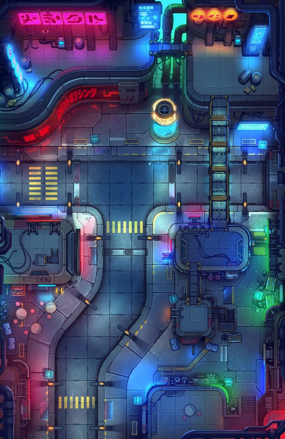 Top-down battlemap of a futuristic city street at night, illuminated by vivid blue, pink, and green neon lights. Wide roads and pedestrian crossings run between industrial buildings, elevated bridge walkways, and brightly lit storefronts.
