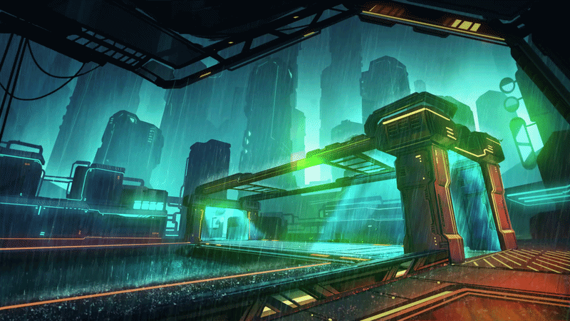 Illustrated scene of a futuristic bridge elevated over a dark canal, glowing with green lights. Towering skyscraper buildings rise through the mist in the distance, while heavy rain pelts down on the scene.