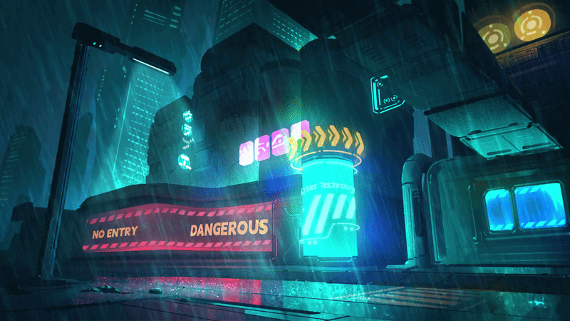 Illustrated scene of a rainy futuristic street at night, lined with dark towering buildings and glowing neon signs. A wall barrier marked with warning text that says “NO ENTRY” and “DANGEROUS” runs along the street beneath hazy city lights.