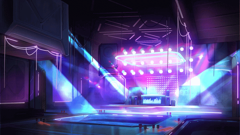 Illustrated scene of a futuristic nightclub interior illuminated by vivid pink and purple neon lights. Blue spotlights sweep across the stage and dance floor. Huge speakers sit above the stage, and a large display screen shows animated waveform lines pulsing in time to the music.