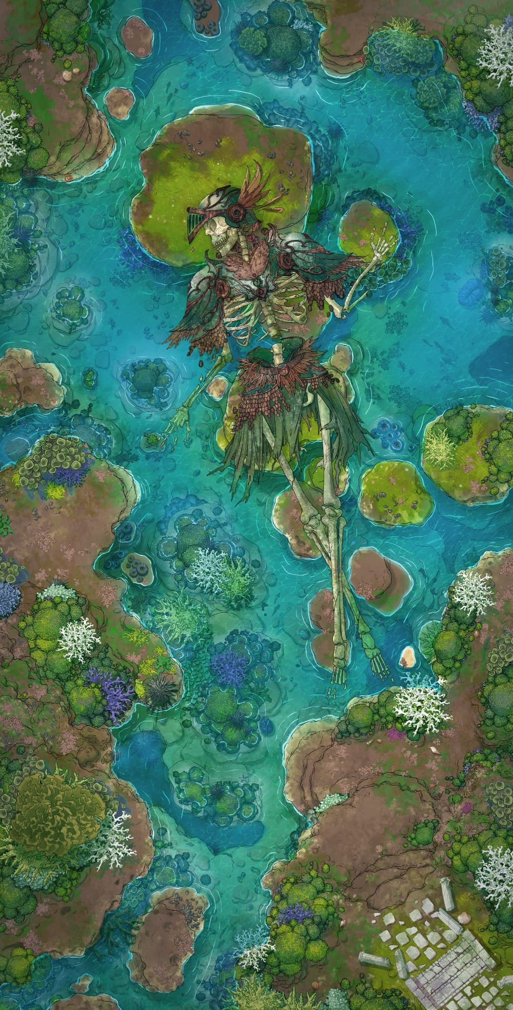 Top-down battlemap of a shallow turquoise lake filled with patches of aquatic vegetation beside some stone ruins. The skeletal remains of a massive winged figure wearing pieces of golden armor lie in the water, its bones overgrown with moss.