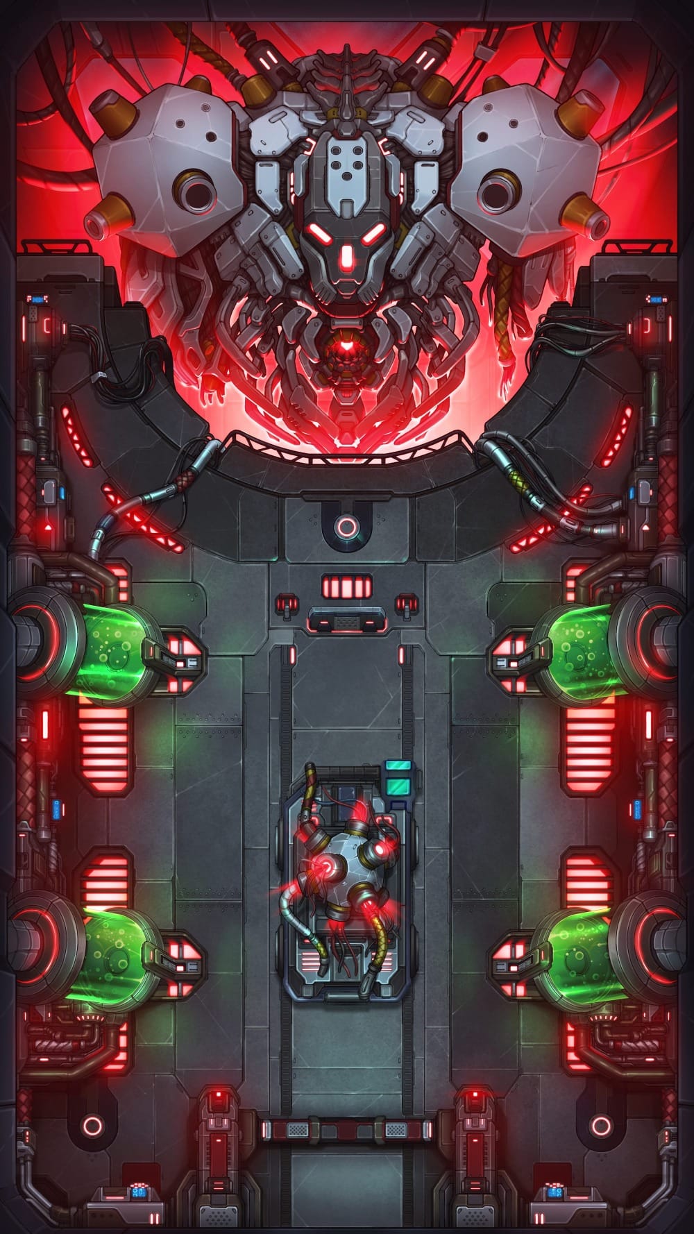 Top-down battlemap of a futuristic mech depot illuminated with red lights. A large mechanical war machine rests in an alcove, with several pipes and wires running from it. The chamber is filled with glowing green fluid tanks and heavy machinery.