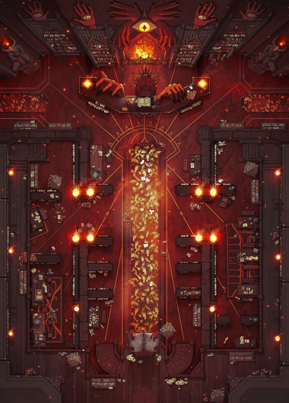 Top-down battlemap of a large institutional library. Rows of dark bookshelves sit on a red carpeted floor decorated with eye imagery. At one end of the room is a large desk with huge red clawed grasping hands clasping the desk and wall, over which sits a large eye.
