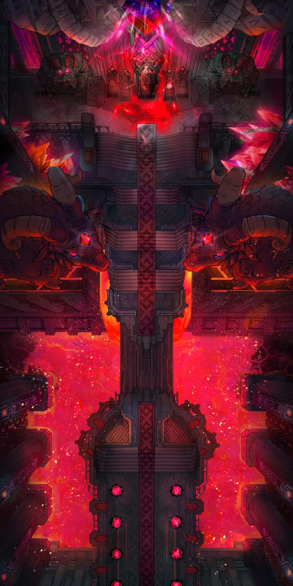 Top-down battlemap of a grand subterranean throne hall carved from stone, with molten red lava flowing beneath a central carpeted bridge lined with braziers of pink and red flame. The walkway leads to a huge throne at the far end, watched over by looming three-eyed goat statues. Red crystals are scattered throughout the chamber.