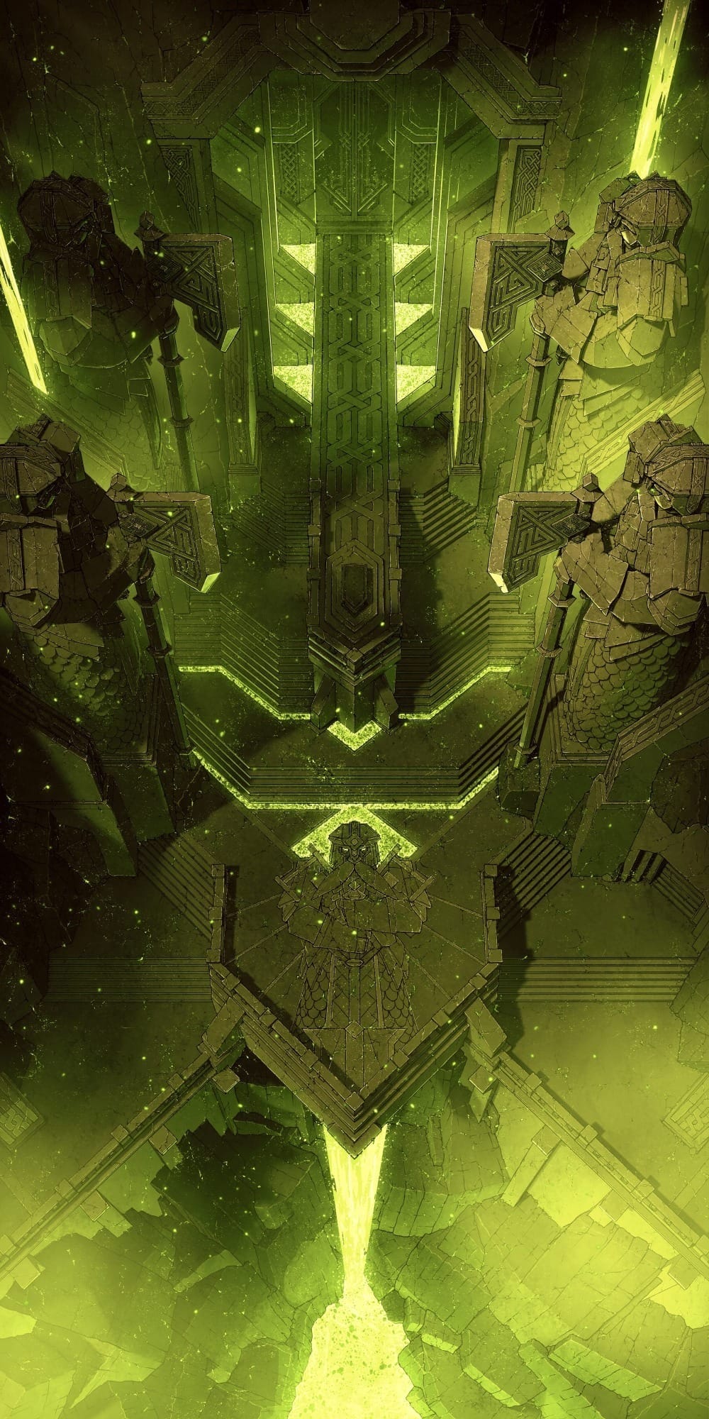 Top-down battlemap of a monumental stone gate and bridge built into a jagged cliff, bathed in sickly green light. Colossal armored statues flank the approach, while glowing green channels and a waterfall of green liquid spills into the chasm below.