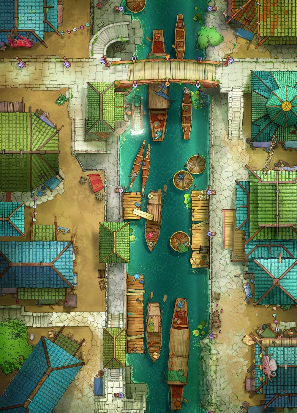 Top-down battlemap of a bustling canal market in a dense city. A turquoise waterway runs between stone streets, tarped storefronts, and colorful tiled rooftops connected by lanterns. The canal is crowded with small wooden boats and floating market stalls, and a small wooden bridge crosses it.