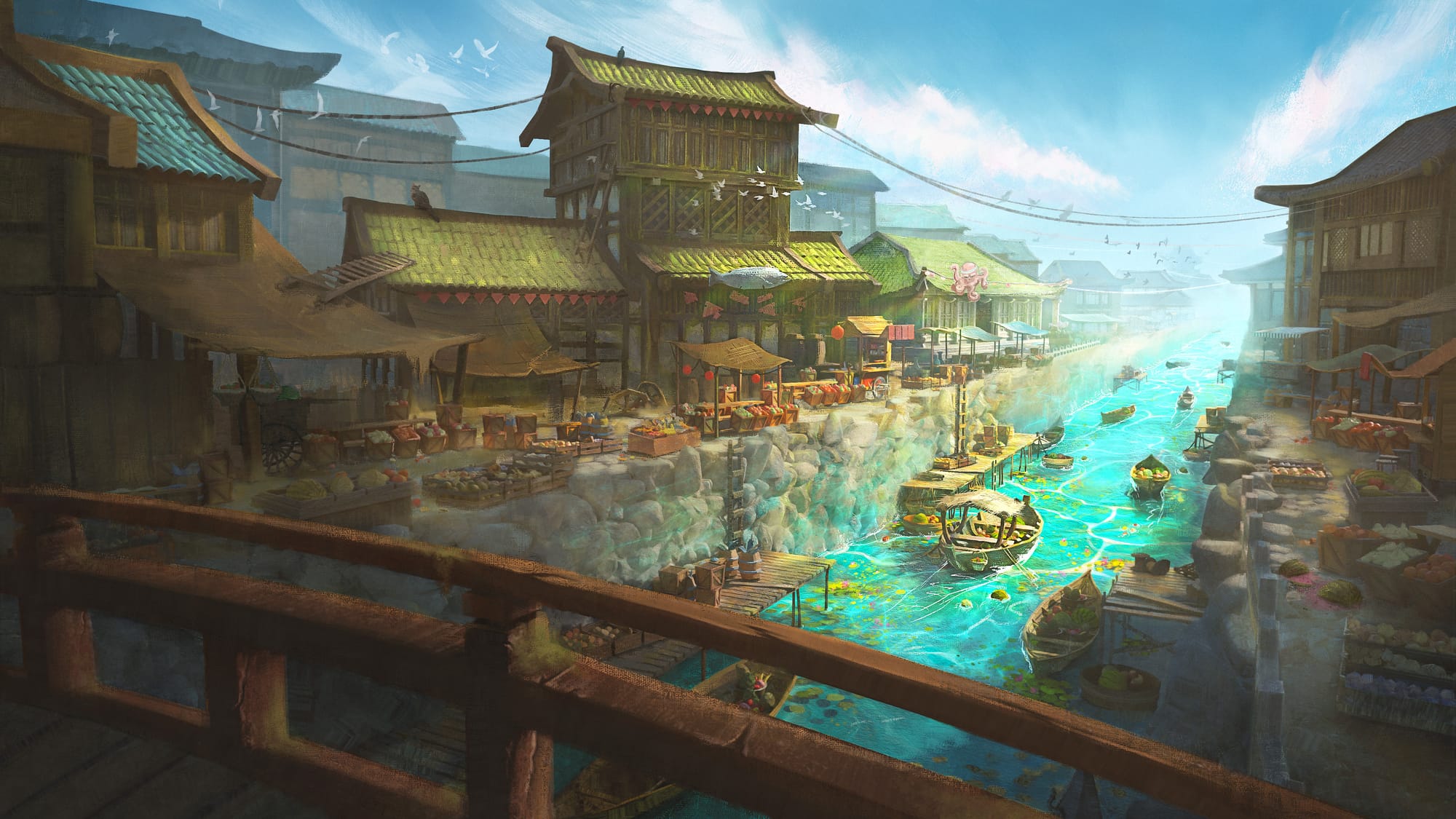 Illustrated scene overlooking a bustling canal market in a dense sunlit city. Wooden boats and floating stalls crowd a waterway with bright blue waters between wooden buildings, with lanterns and market awnings lining the banks.