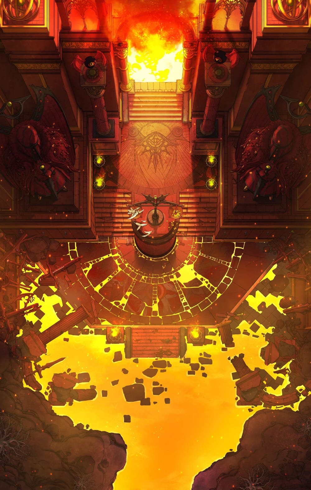 Top-down battlemap of a fiery gate glowing with hellfire, flanked by ominous multi-eyed angel statues standing guard on either side. Wing and eyeball motifs are charged into the ground below. Stairs descend from the gate into a field of molten lava and scattered debris.