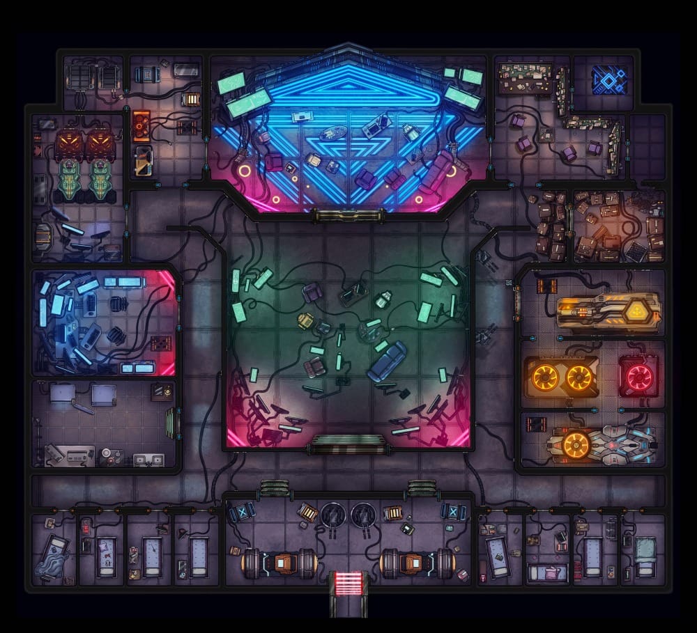 Top-down battlemap of a cyberpunk hacker base filled with several glowing computer terminals, server equipment, cables, and machinery. A central room is full of chairs wired up to computers, next to a large neon blue control center.