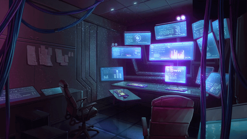 Illustrated scene of a dark, futuristic hacker workspace filled with thirteen glowing computer screens, each displaying various diagrams, lines of code, or bar graphs. Empty chairs sit in front of the desks and terminals. Thick cables hang around the dimly lit room, and pieces of paper are pinned onto the wall.