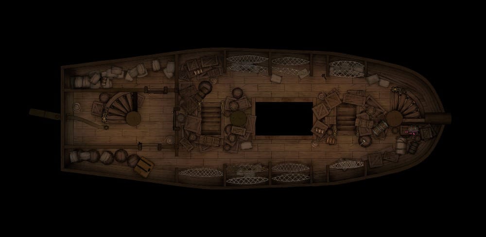 Top-down battlemap of a wooden ship’s lower deck, with cargo crates, barrels, hammocks, and sacks packed around a central hatch. A circular staircase connects to the deck above.
