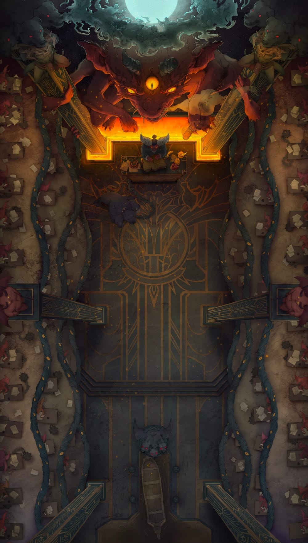 Top-down battlemap of a huge ceremonial chamber lined with rows of desks, each staffed by a devilish official. At the far end looms a massive demonic imp-like figure with horns and three eyes, floating above a burning pit where another official sits at an ornate desk.