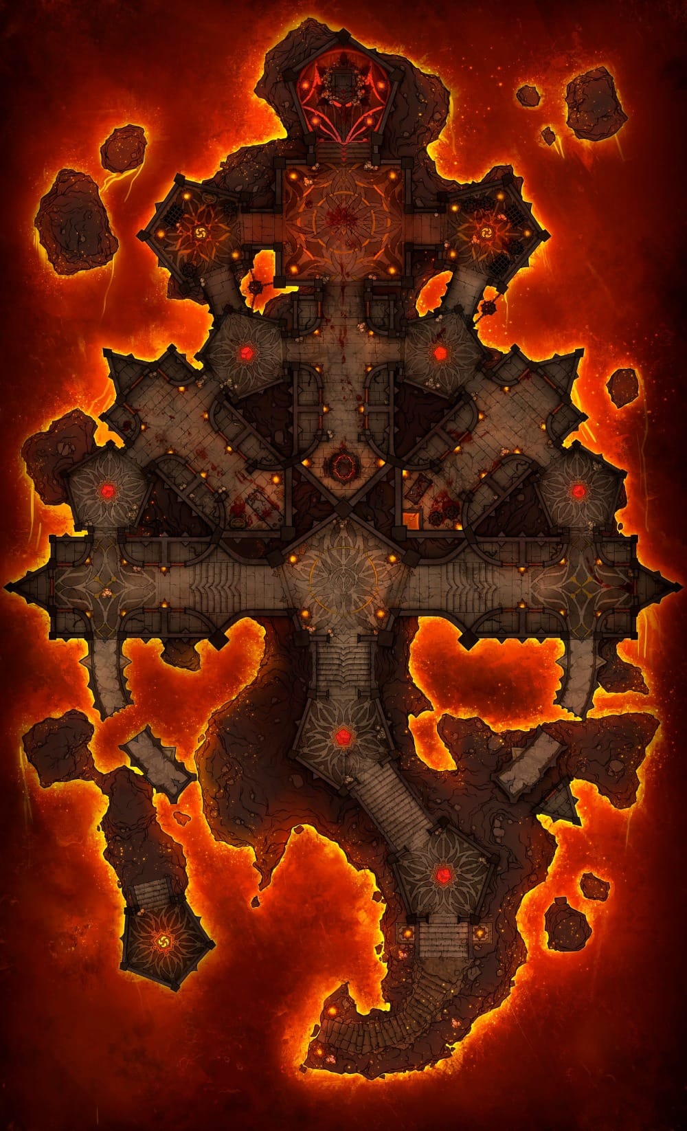 Top-down battlemap of a massive prison complex surrounded on all sides by molten lava. Stone hallways and chambers are illuminated with deep red hellfire, along with concentric ritual circles.