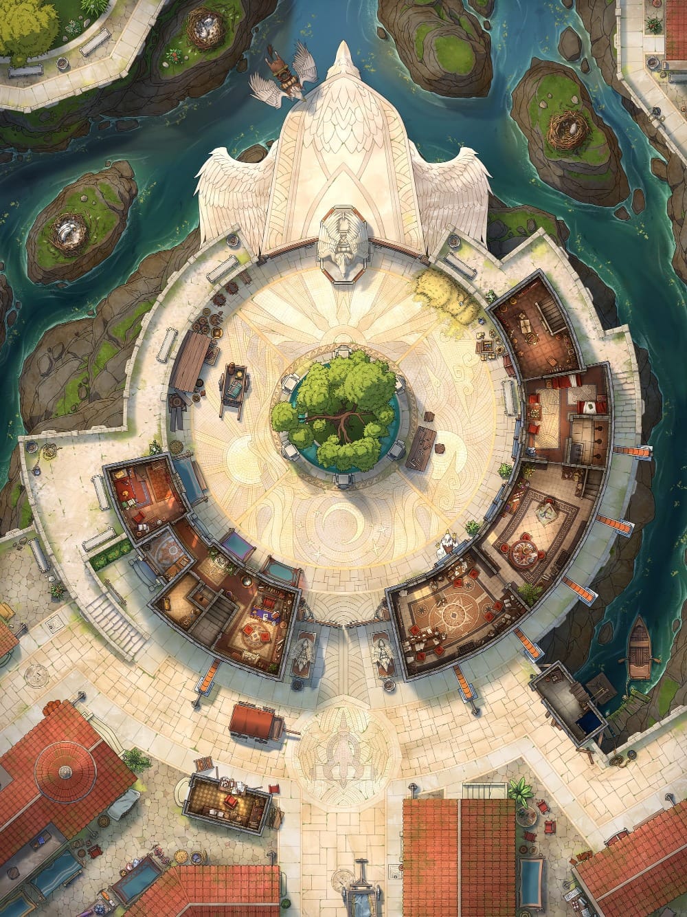 Top-down battlemap of a circular courtyard with stone mosaics, surrounded by numerous offices, work rooms, and storage rooms. A large green tree grows at the center, with troughs and carts ringing the plaza. Nests and eggs sit on surrounding rocky islets.