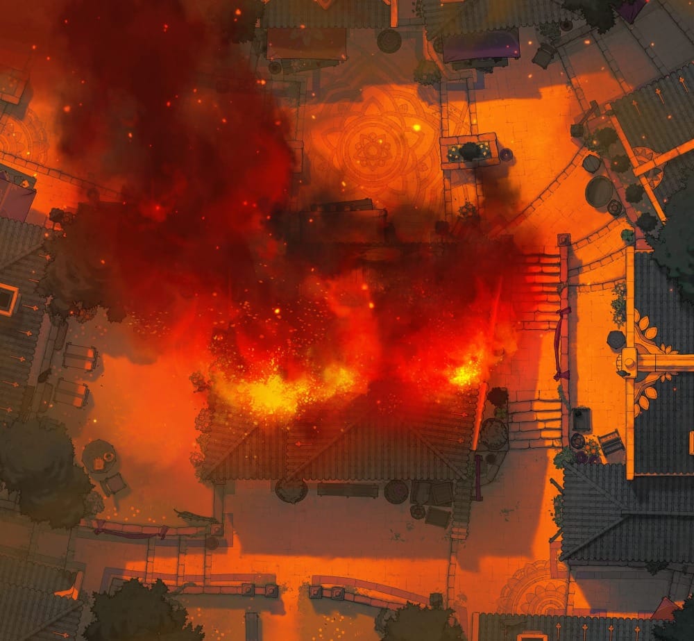 op-down battlemap of a white stone city street, focused on a small blue-roofed store that is on fire. Bright flames tear across the building and courtyard as thick black smoke billows over the surrounding marketplace.