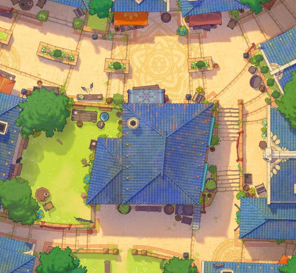 Top-down battlemap of a white stone city street, focused on a small blue-roofed shop with a walled garden. Benches, planters, market stalls, and neighboring storefronts surround the building.