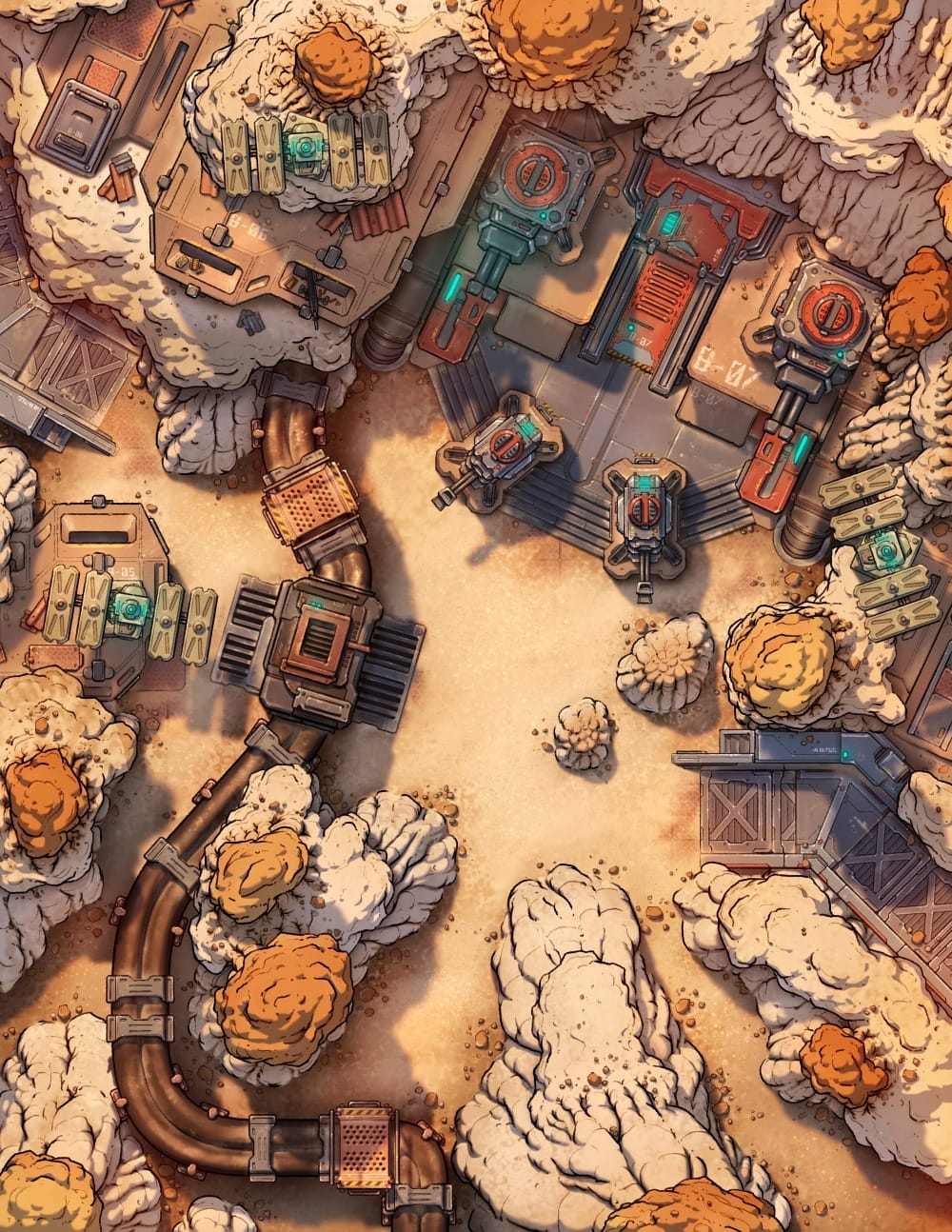 Top-down battlemap of a fortified sci-fi encampment nestled among pale desert hoodoos and rock formations. Industrial platforms, heavy pipes, generators, crates, turrets, and glowing machinery are all scattered throughout the rocky compound.