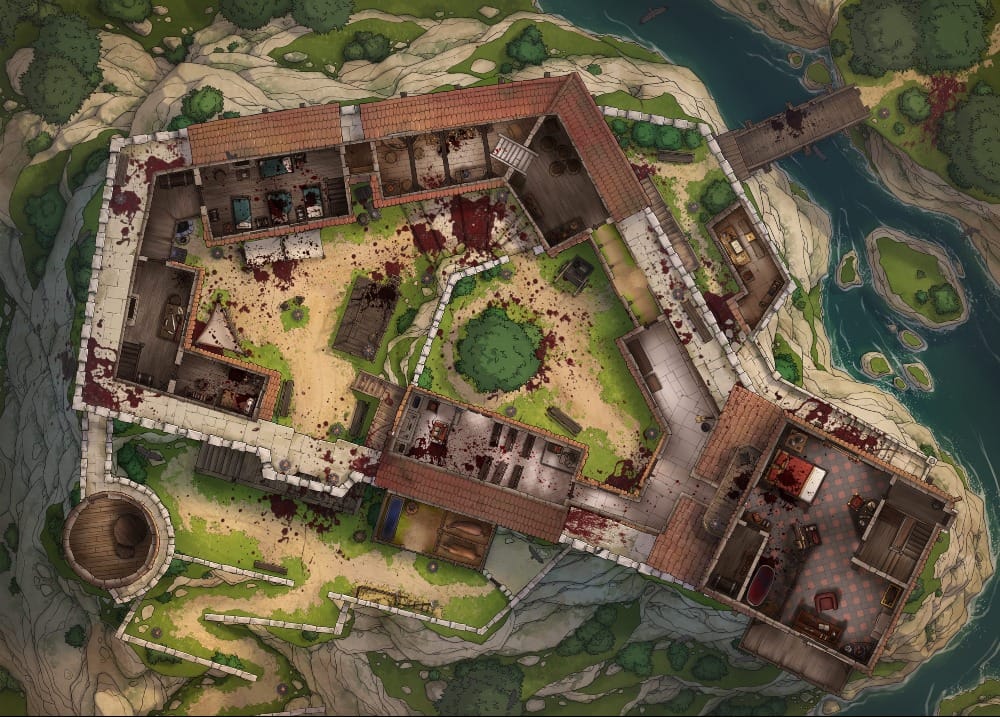 Top-down battlemap of the aftermath of a bloody battle in a compact stone fortress built on a rocky river island. Red-roofed buildings and battlements enclose a grassy courtyard, while a wooden bridge crosses the water to the gate. Interior rooms hold various living and storage spaces. Blood splatters trail through the courtyard and rooms.