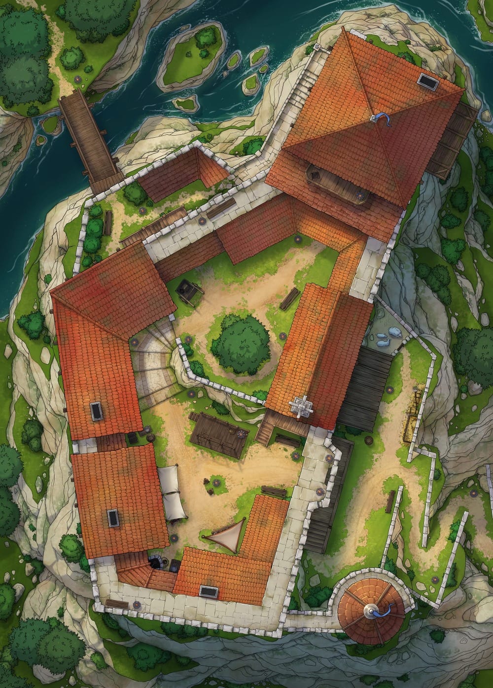 Top-down battlemap of a compact stone fortress built on a rocky river island. Red-roofed buildings and battlements enclose a grassy courtyard, while a wooden bridge crosses the water to the gate. Interior rooms hold various living and storage spaces.