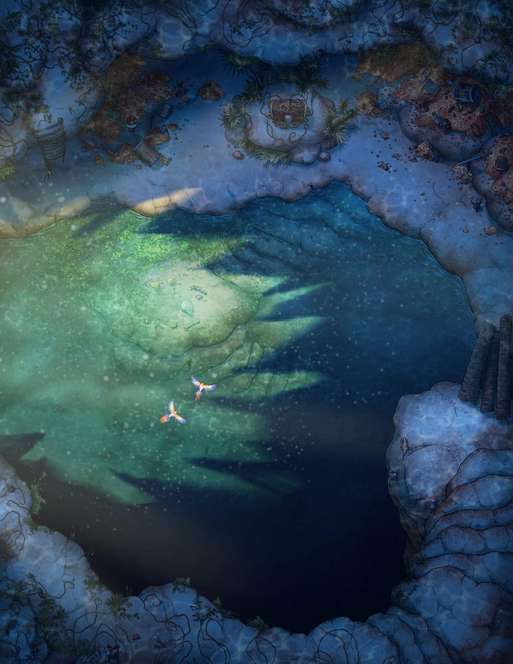 Top-down battlemap of a dark jungle grotto surrounding a clear turquoise rock pool. Piles of coins and treasure spill around the surrounding rocks, and a single chest sits above the main hoard. A cavern entrance lets in a patch of sunlight from outside.