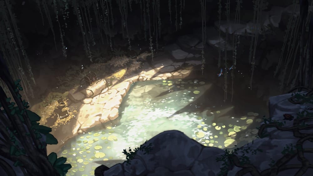 Illustrated scene of a shadowed jungle grotto where a patch of sunlight illuminates a lilypad-covered pool and piles of gold along a rocky shore. Hanging vines frame the cave, with a single treasure chest sitting above the hoard.