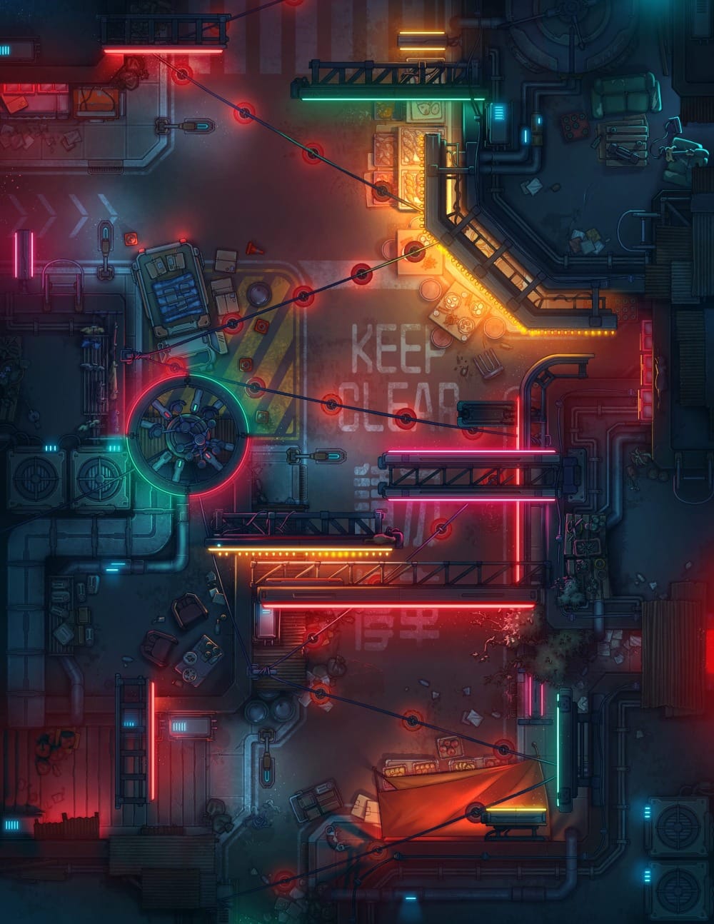 Top-down battlemap of a dense cyberpunk city district filled with narrow streets, elevated walkways, industrial pipes, and brightly-lit storefronts. Neon signs and street lights flash in vivid colors across the dark urban streets, while strings of red lanterns sway overhead.