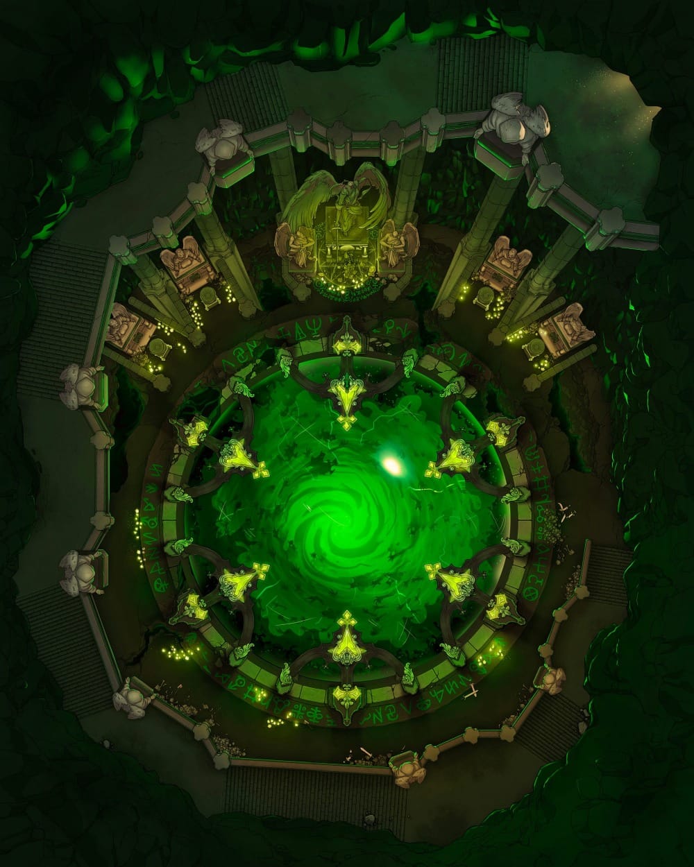 Top-down battlemap of a circular cavernous ritual chamber centered on a vast swirling green vortex within a dome of magical energy. Glowing runes, sickly green candles, ominous winged statues, and stone altars ring the chamber, with an ornate raised shrine at the far end.