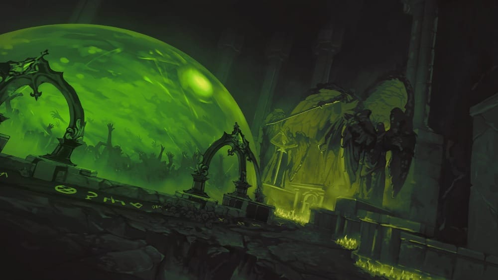 Illustrated scene of a cavernous ritual chamber bathed in eerie green light. A huge translucent green magical dome rises between stone altars while ominous winged statues loom in the background. Within the dome, countless shadowy hands reach upwards.