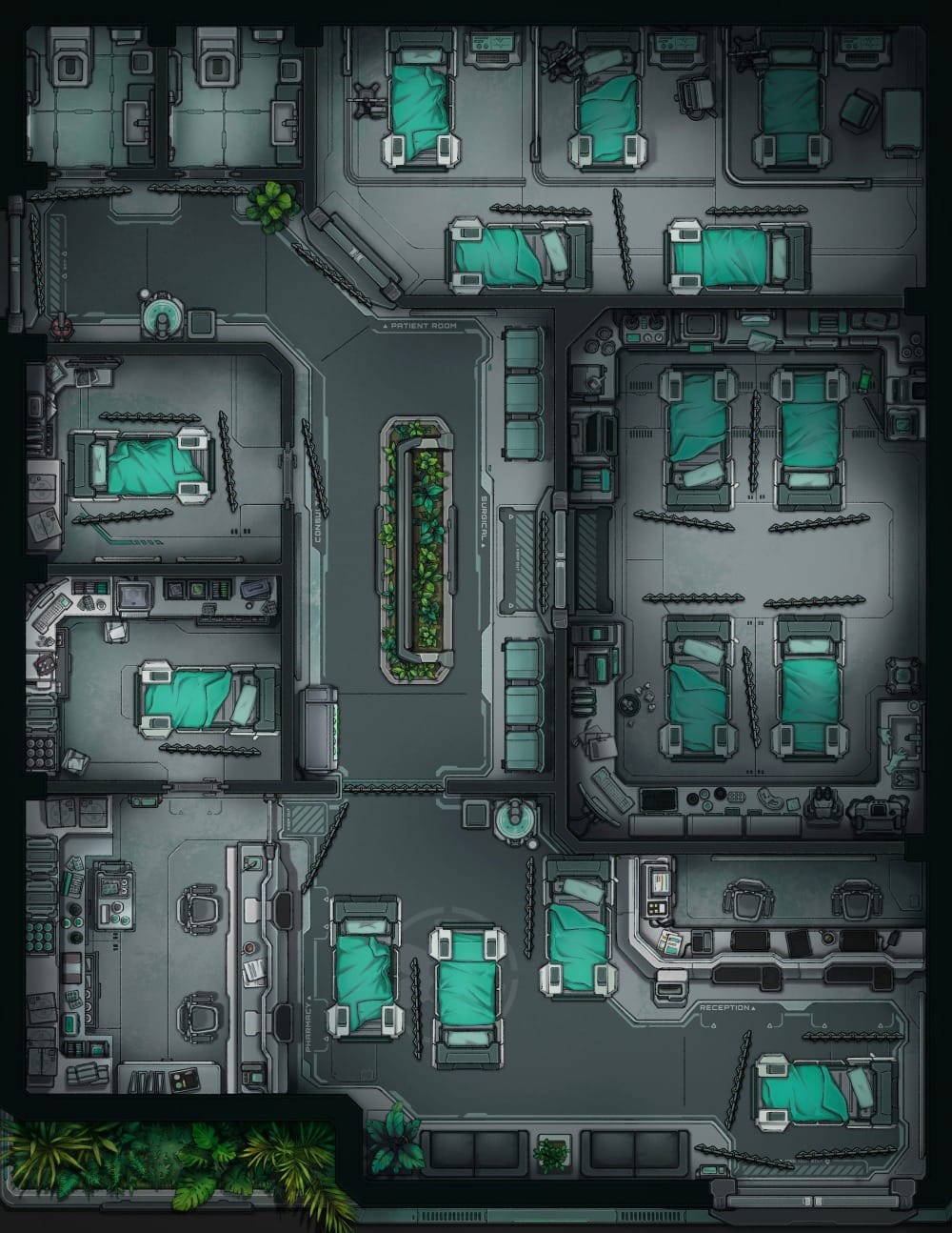 Top-down battlemap of a dimly-lit, futuristic medical facility. Numerous hospital beds covered in teal clinical sheets fill several ward rooms, surrounded by medical equipment and consoles. Each bed is completely separated from the others with privacy partitions.