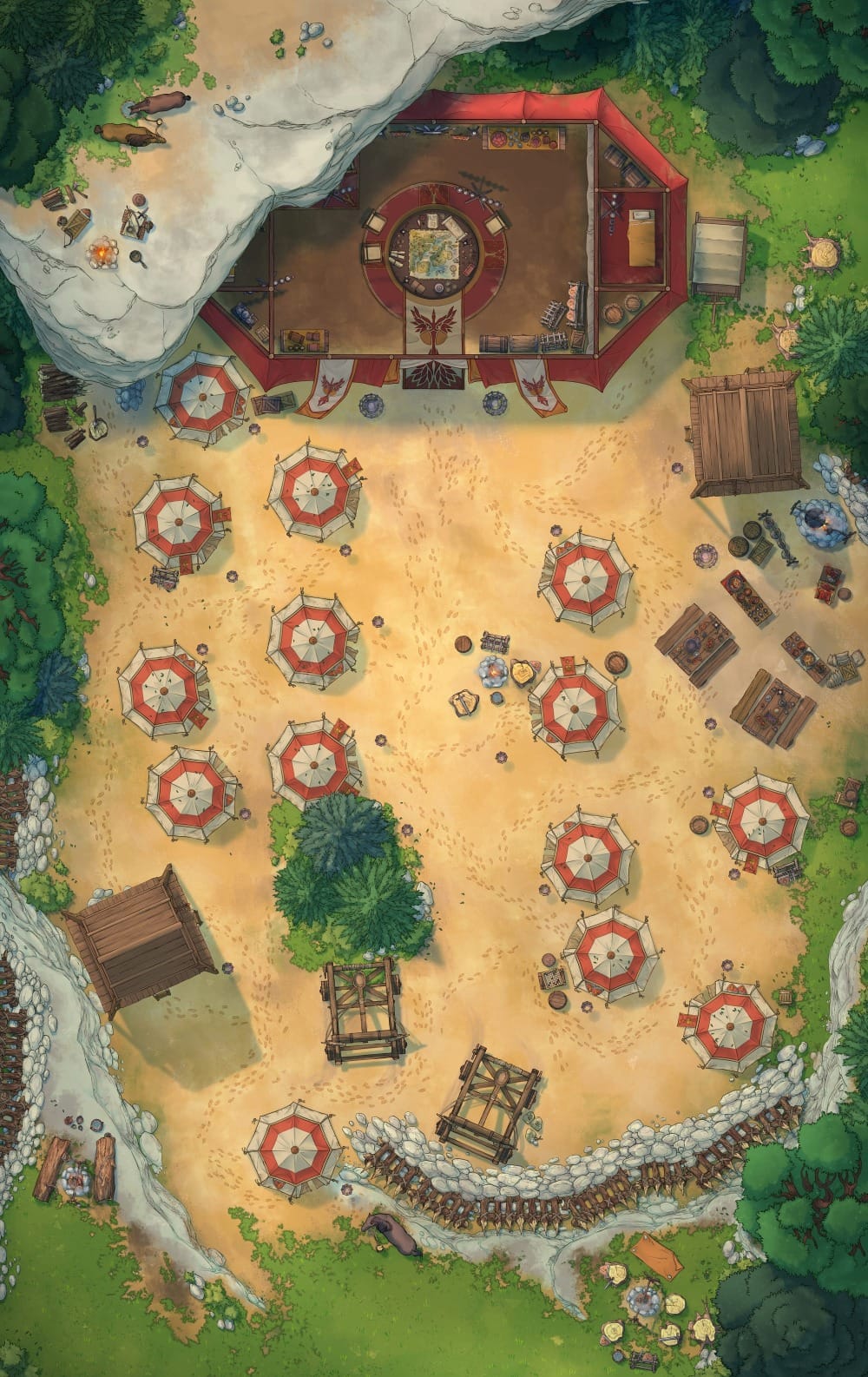 Top-down battlemap of a military encampment under a rocky cliff. A large octagonal command tent sits at one end, surrounded by rows of circular war tents, watchtowers, and catapults. Stone walls and wooden barricades line the perimeter.