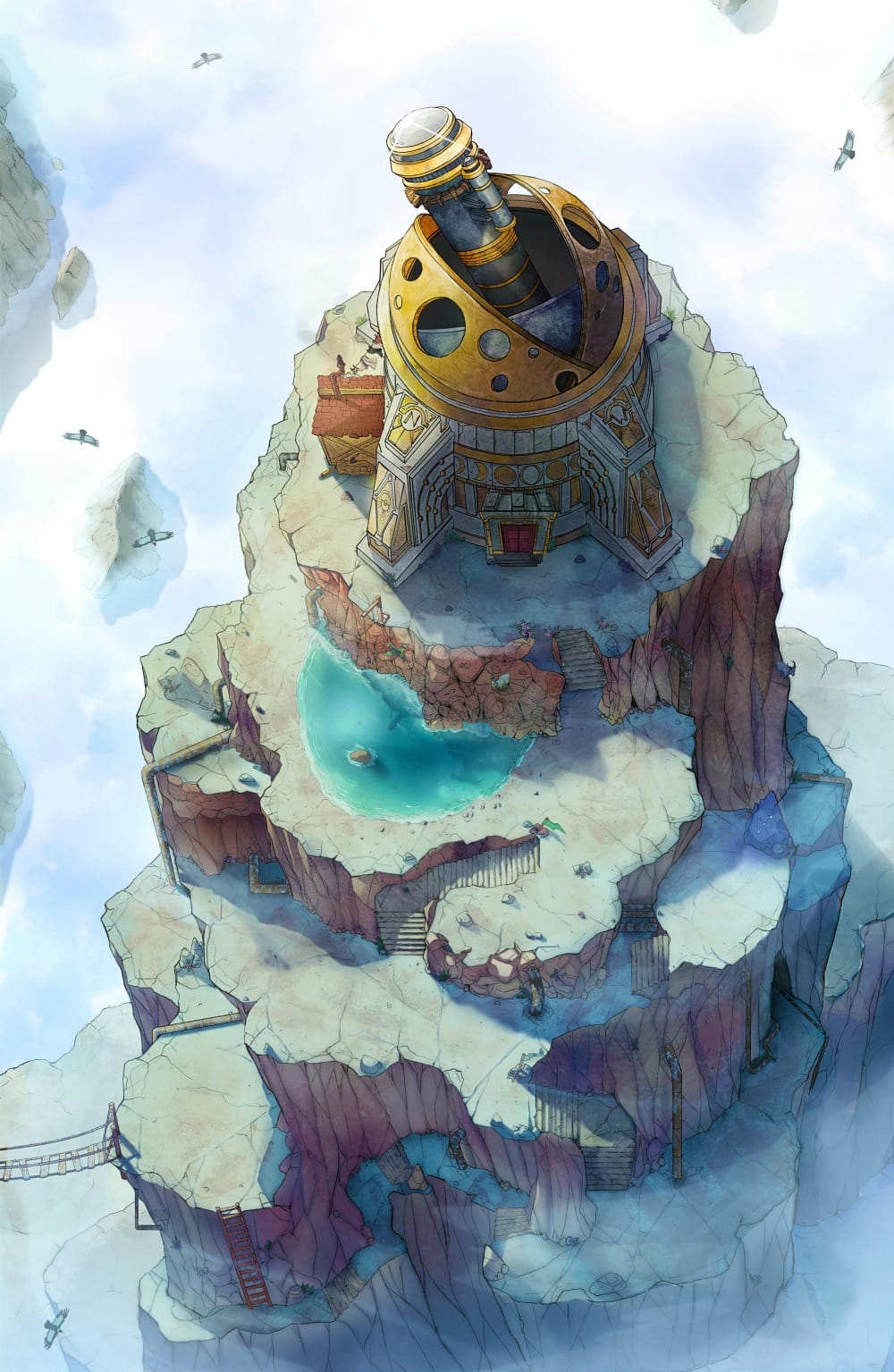 Top-down battlemap of a domed observatory perched atop a tiered cliffside island. A huge telescope rises out from the structure, pointed at the sky. Rope bridges, wooden stairways, and ladders connect the several descending grassy terraces, as mist drifts around the cliff edges below.
