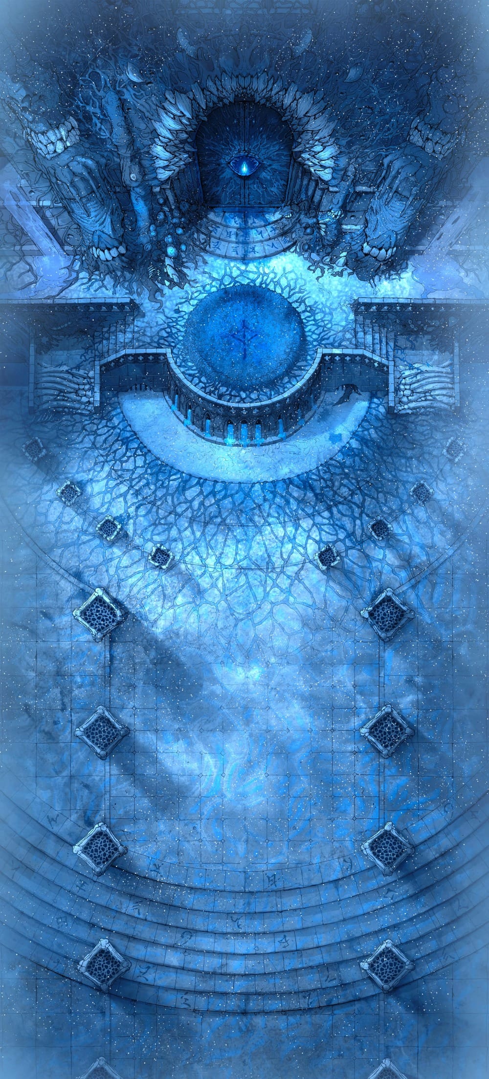 Top-down battlemap of a vast icy courtyard ringed with stone pillars, stairs leading toward a raised platform. Fibrous, veining material stretches across the surrounding walls, framing a massive door set with a single glowing blue eye.
