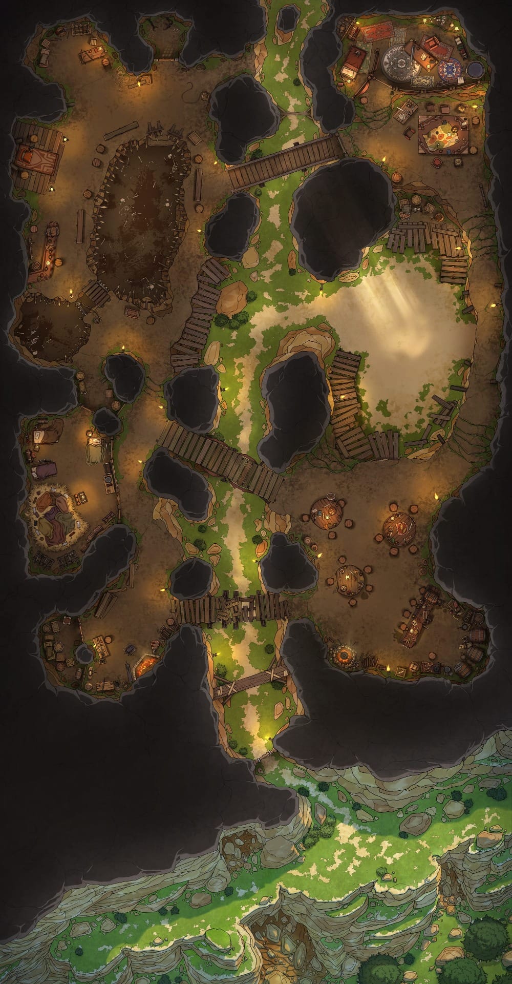 Top-down battlemap of a sprawling cave system carved into a cliffside. A full settlement fills the caverns, including a communal hall and several sleeping quarters.