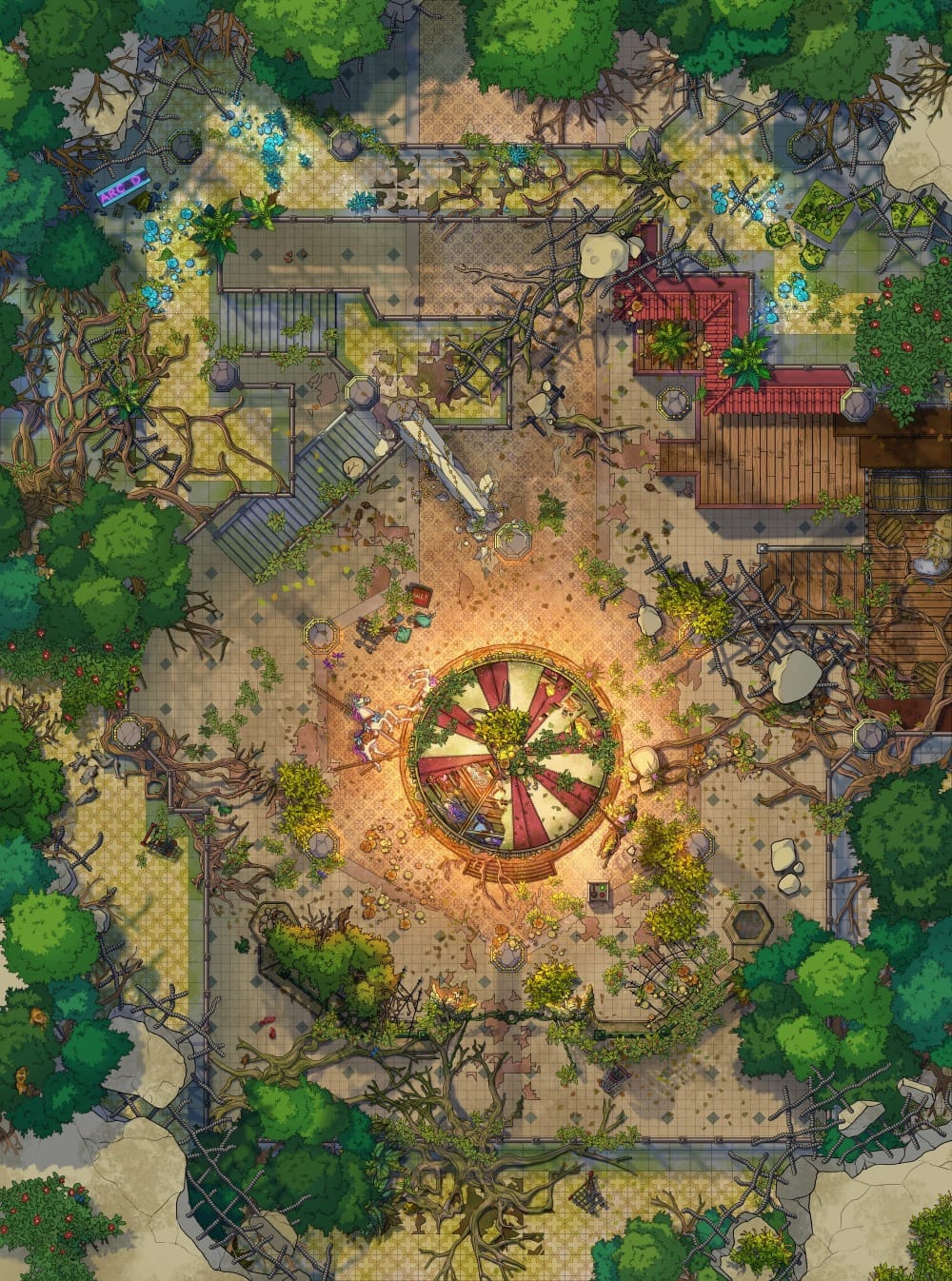 Top-down battlemap of an overgrown modern shopping mall ruin. A cracked central atrium is ringed by collapsed staircases and storefronts, all reclaimed by vines, moss, and trees. In the center is a merry-go-round carousel, still glowing faintly.