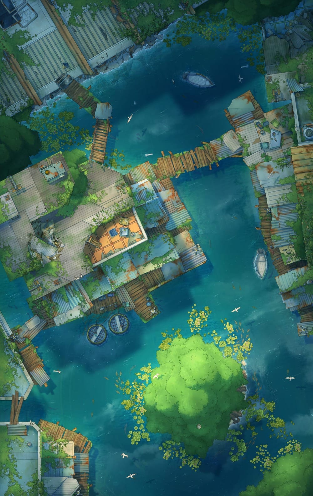 Top-down battlemap of a flooded modern town submerged beneath deep water. Weathered buildings jut above the water’s surface among aquatic plants and treetops, linked by makeshift wooden bridges and reinforced by sheets of corrugated metal.