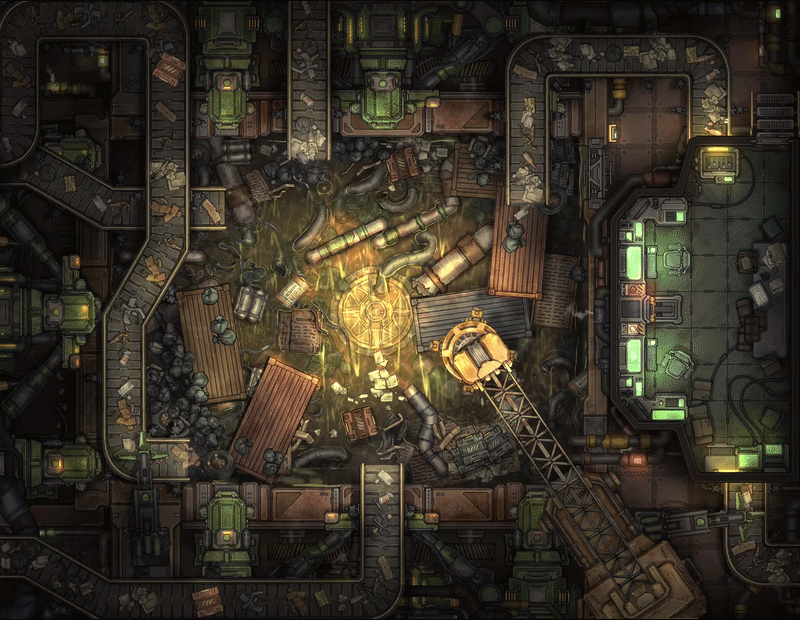 Top-down battlemap of an industrial trash processing facility packed with conveyor belts carrying heaps of garbage. The moving belts dump the refuse into a central sewage pool while a mechanical crane sways above the debris. A nearby office overlooks the scene.