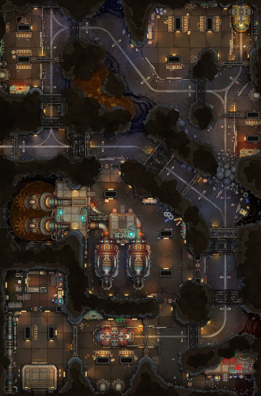 Top-down battlemap of a sprawling underground transit system running through cavernous passages. Curving rail lines connect areas of futuristic industrial machinery and pipes.