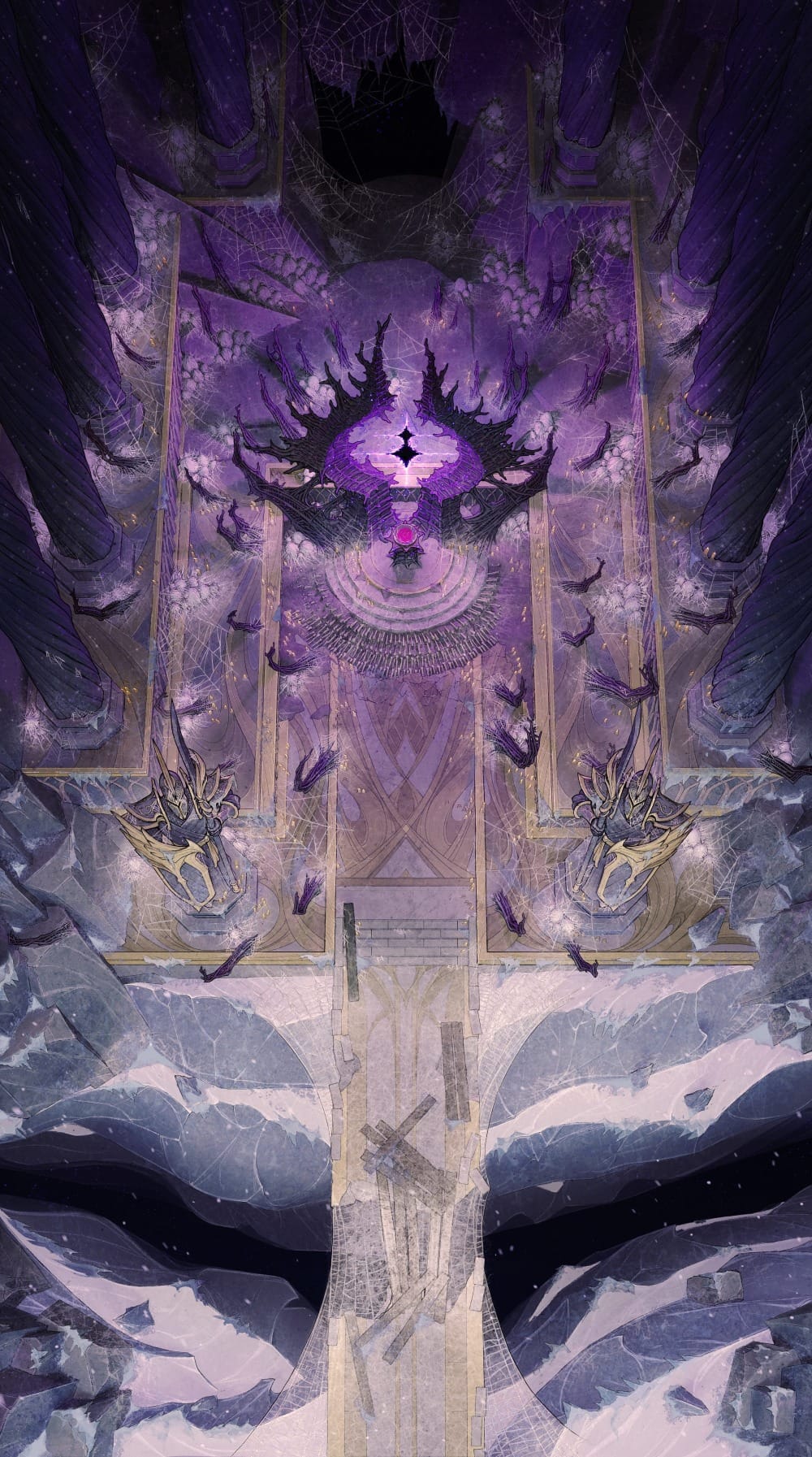Top-down battlemap of a vast subterranean lair surrounded by pillars of jagged purple crystal and draped in heavy spiderwebs. A ceremonial walkway leads through the cavern to a black, thorny structure surrounding a glowing purple rift shaped like a watchful eye.