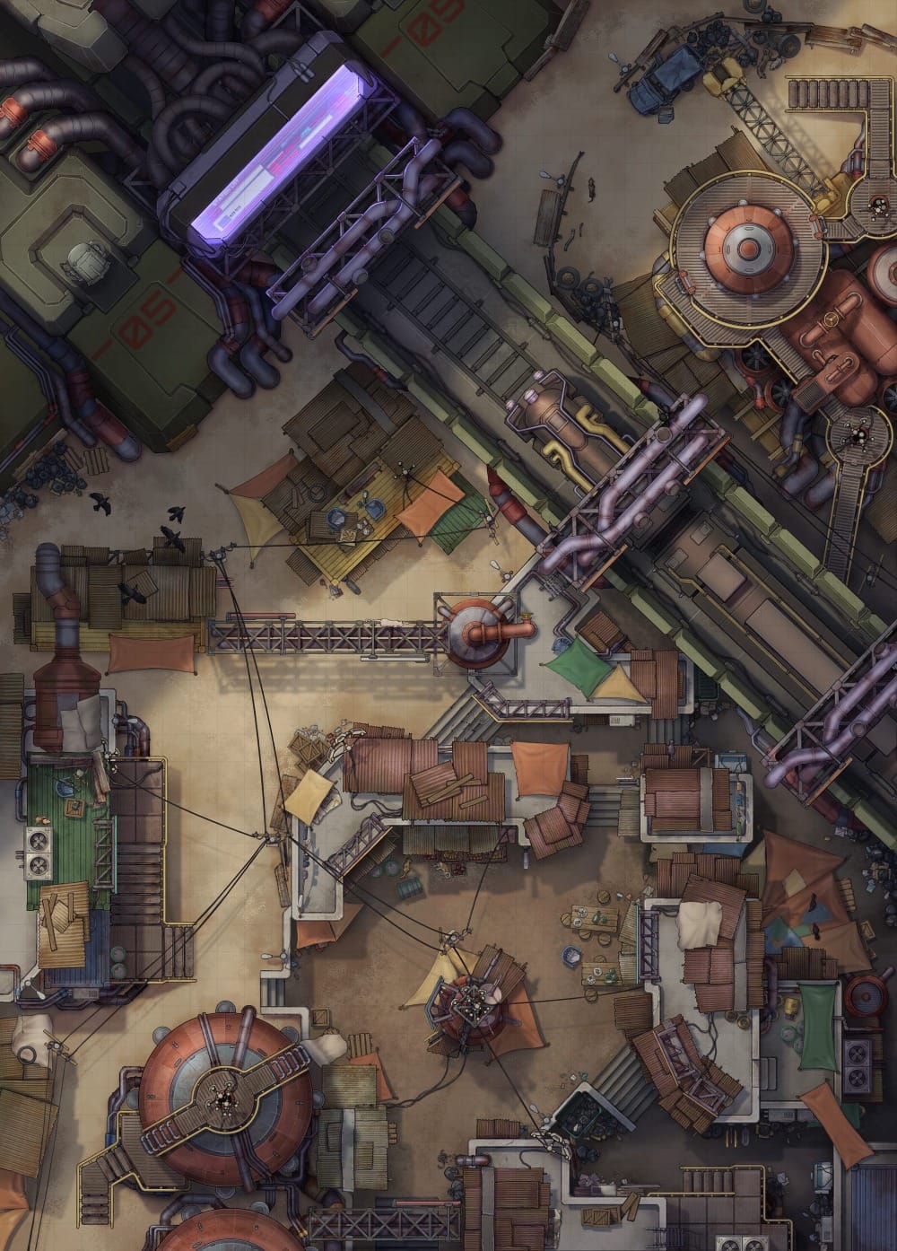 Top-down battlemap of a dense, walled urban district packed with makeshift buildings, industrial walkways, pipes, and stalls. Heavy machinery and looming structures crowd the settlement. Overhead, a subway track leads out of the district into a heavily fortified, technologically advanced building.