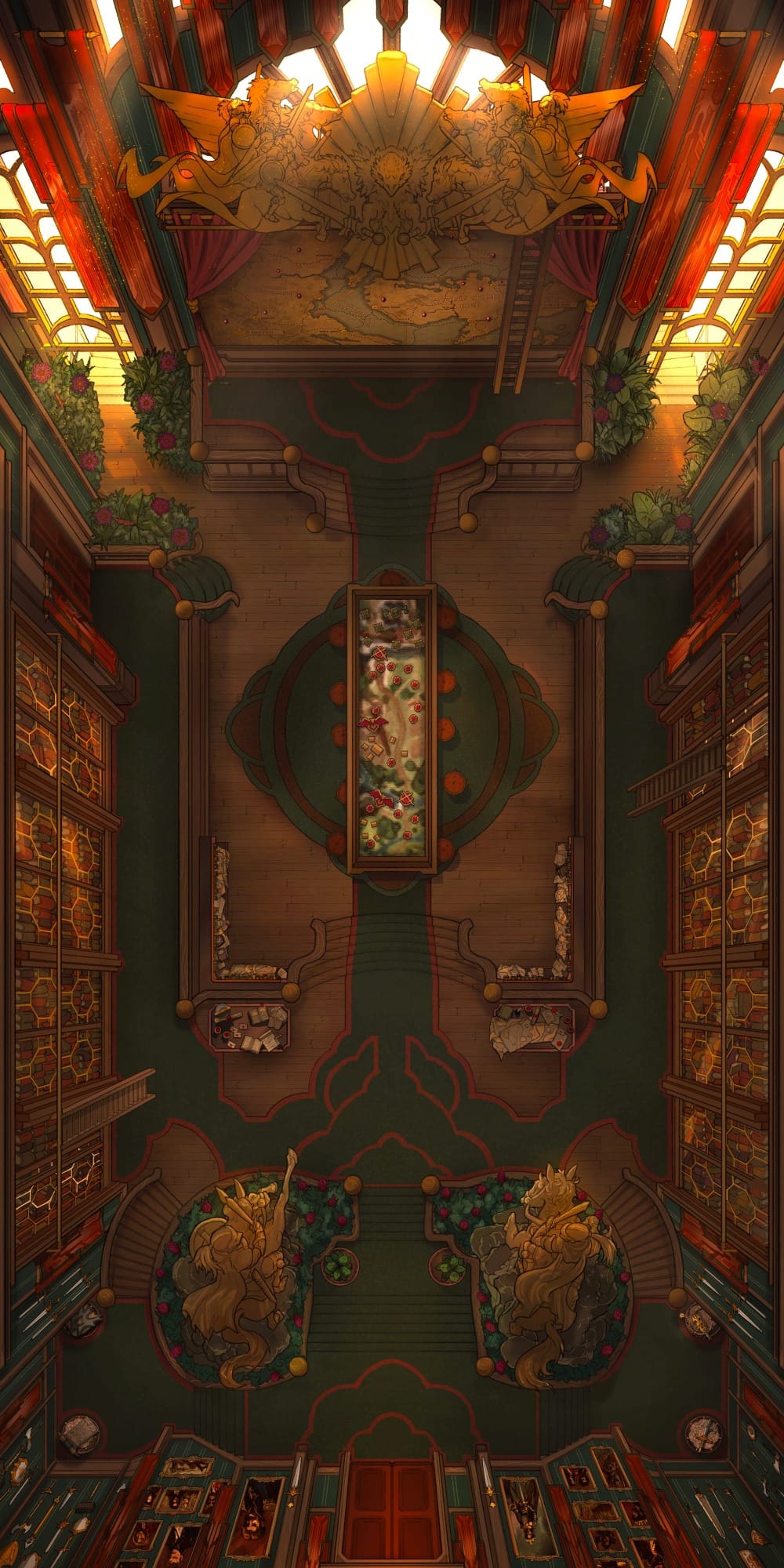 Top-down battlemap of an ornate war room interior, with a central strategy table depicting a map of a region. A huge wall map hangs in front of the seating area, while statues, bookshelves, and lush red-trimmed furnishings fill the rest of the chamber.