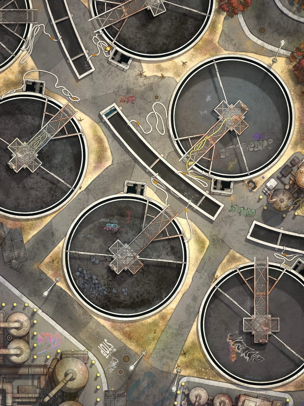 Top-down battlemap of an abandoned water treatment plant with several enormous circular settling tanks set into the ground. Rusty metal catwalks loom over each tank, and the surrounding weathered concrete is marked with graffiti and grime.