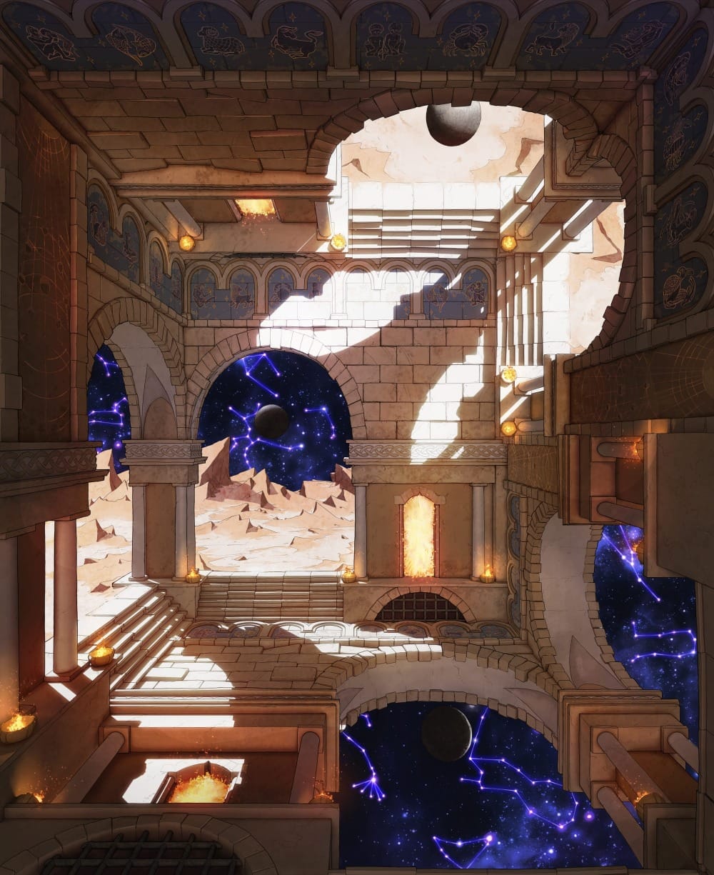 Top-down battlemap of the inside of a stone tower lined with star and constellation motifs. The architecture defies gravity and logic: doors sit on the floor, windows line the ceiling, and archways hang upside down. Where the walls open up, only void and stars are visible beyond.