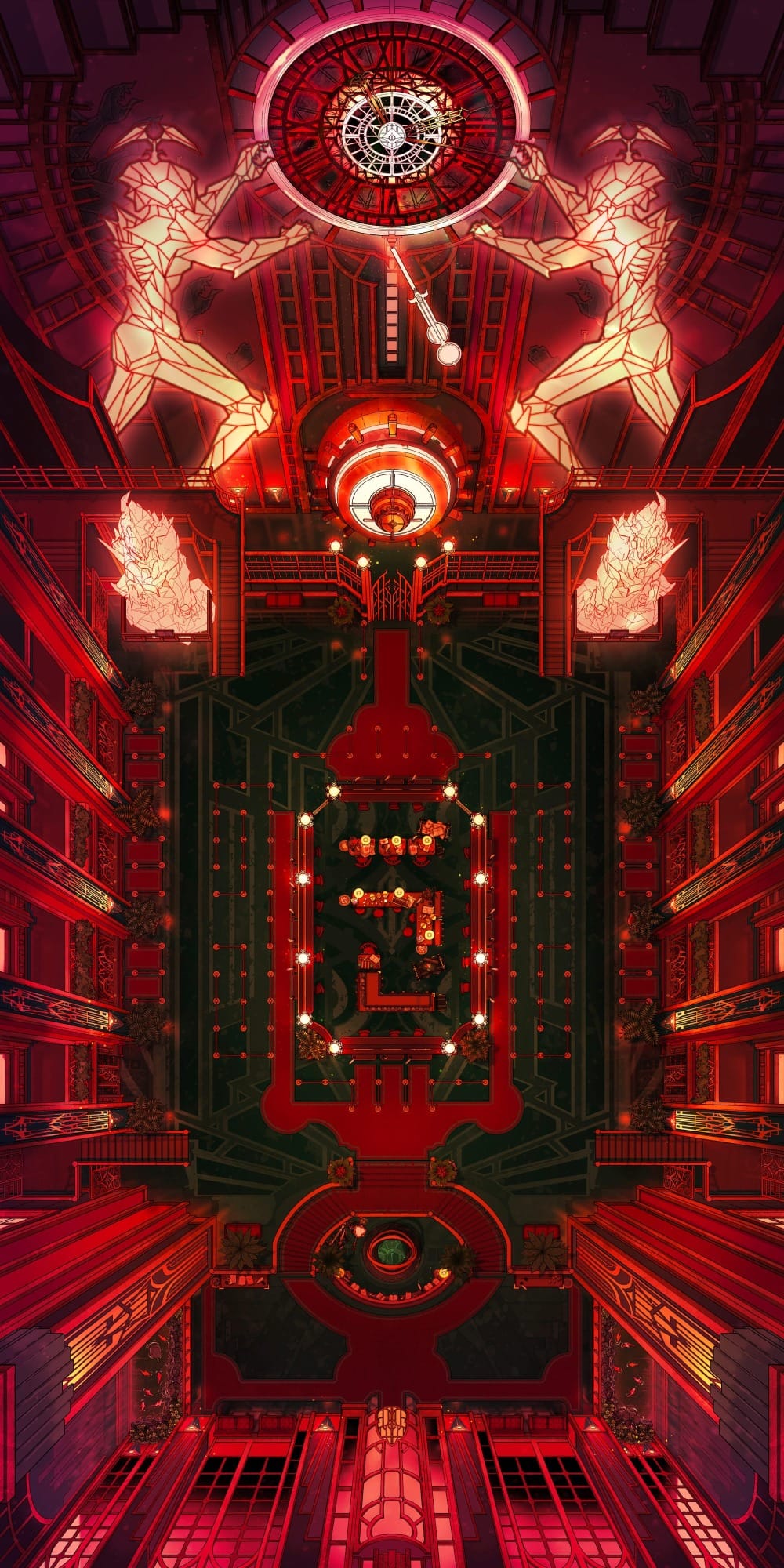 Top-down battlemap of a lavish vault chamber lined with tall crimson pillars, green-tiled floor, and a waiting area. Glowing red statues and figures line the walls, gesturing towards a massive central clock. A circular spinning vault mechanism is mounted on the wall beneath the clock.